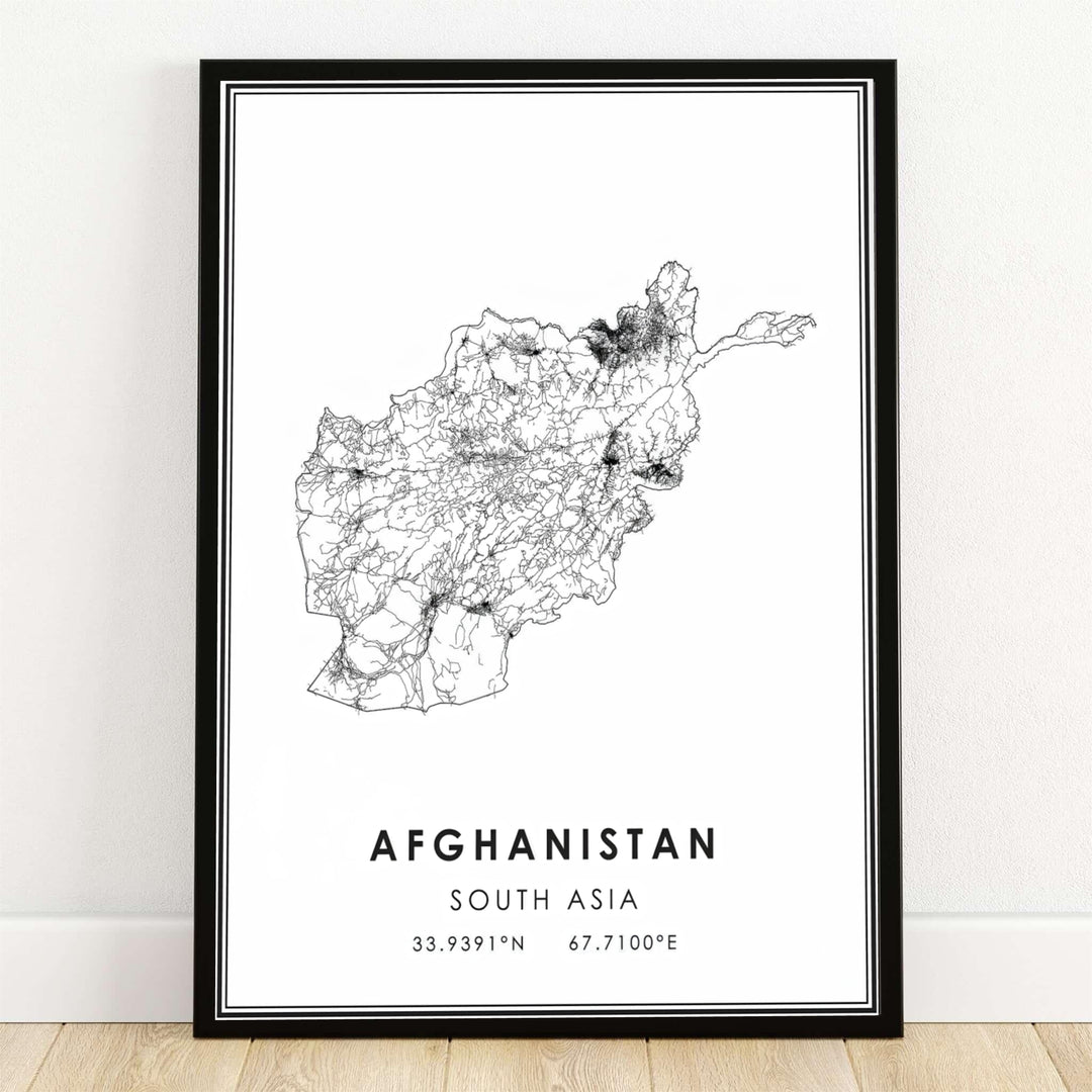 Afghanistan Map Poster depicting a detailed black and white road network map of South Asia with geographic coordinates, available from MapYourDreams as an unframed art print, gallery wrapped canvas wall decor, or custom framed print in black, white, and natural wood frames for office styling.