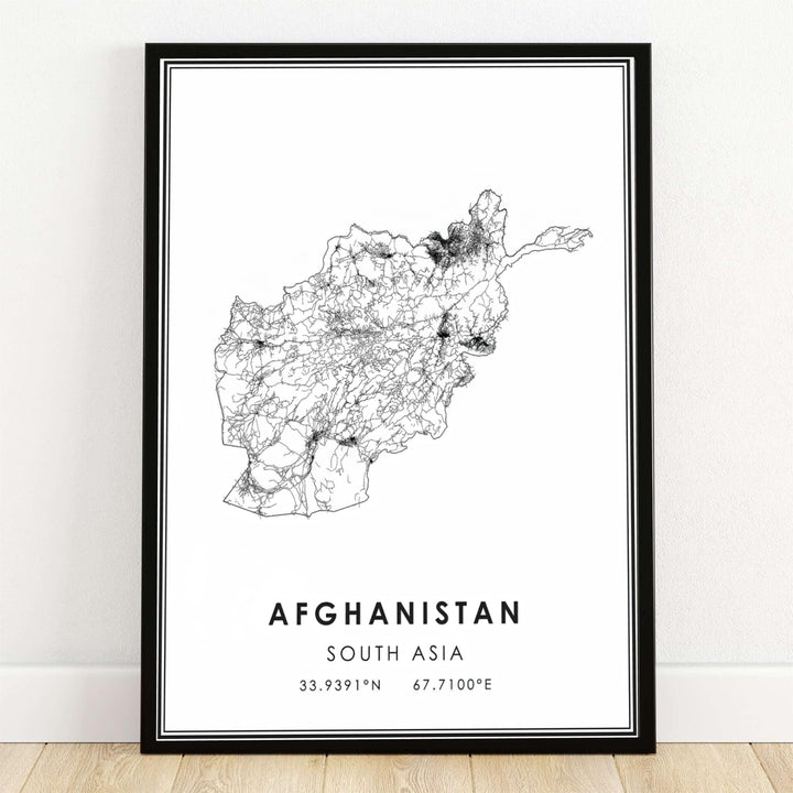 Afghanistan Map Poster depicting a detailed black and white road network map of South Asia with geographic coordinates, available from MapYourDreams as an unframed art print, gallery wrapped canvas wall decor, or custom framed print in black, white, and natural wood frames for office styling.