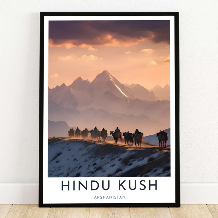 Afghanistan Hindu Kush Mountain Poster depicting a Kuchi nomad camel caravan migrating across a snowy ridge during a dramatic golden sunset in Afghanistan, available from MapYourDreams as an unframed art print, gallery wrapped canvas wall decor, or framed print in natural wood frames for office styling.