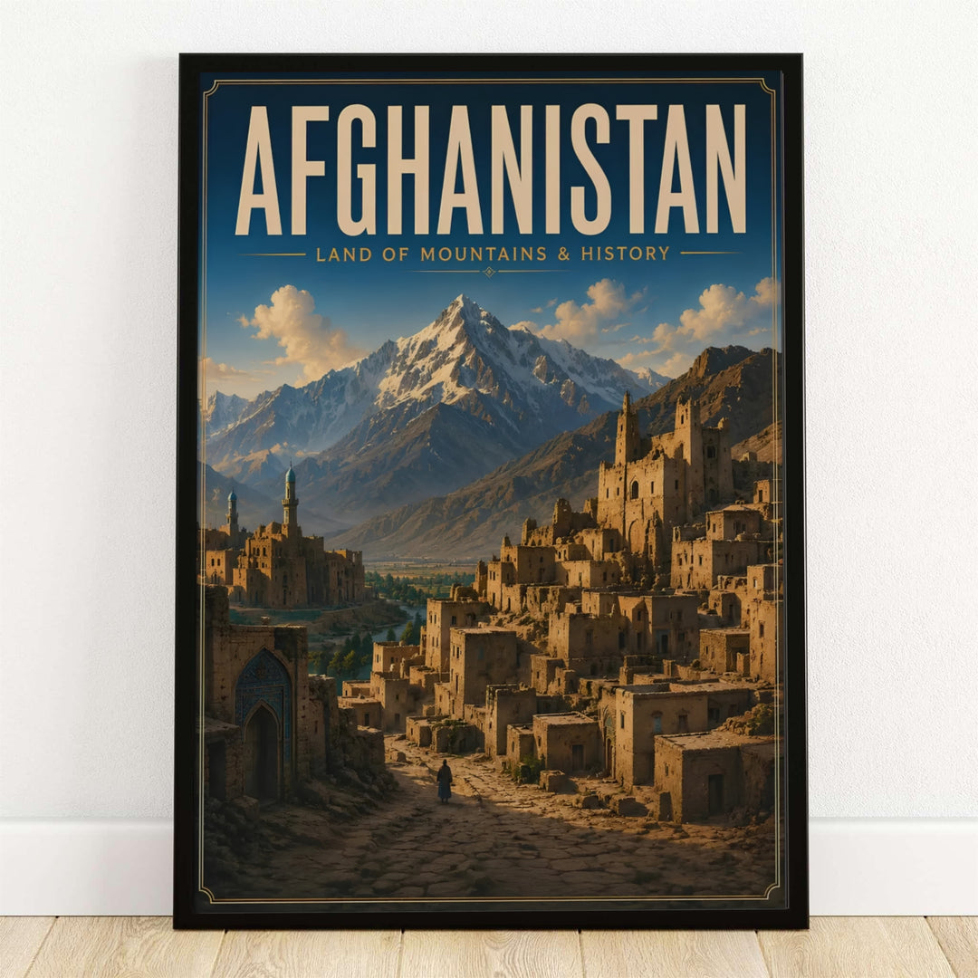 Vintage Afghanistan Wall Art Poster depicting an ancient mud brick citadel and village in Afghanistan with snow capped mountains behind, available from MapYourDreams as an unframed paper print, gallery wrapped canvas wall decor, or framed print in natural wood frames for office styling.