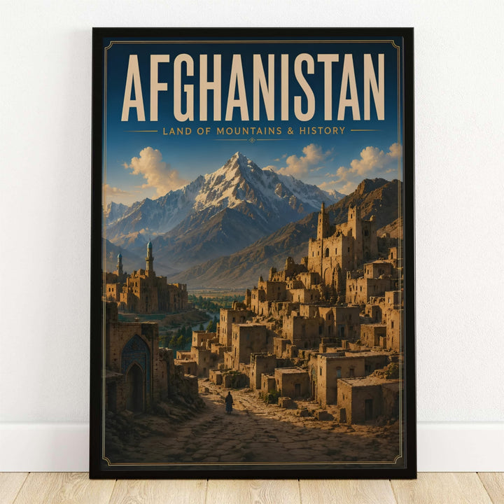 Vintage Afghanistan Wall Art Poster depicting an ancient mud brick citadel and village in Afghanistan with snow capped mountains behind, available from MapYourDreams as an unframed paper print, gallery wrapped canvas wall decor, or framed print in natural wood frames for office styling.