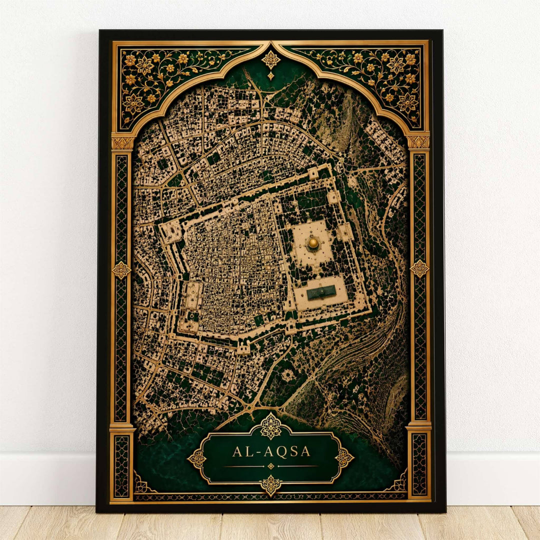Vintage aerial map print of Al Aqsa Compound and Jerusalem Old City enclosed in an ornate gold arch border. Offered by MapYourDreams, this artwork is available in flexible options including unframed paper, custom wooden frames, and gallery canvas wraps for sophisticated home decor.