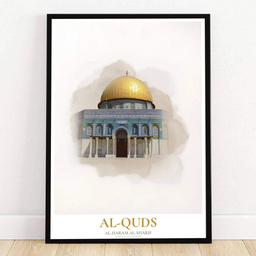Minimalist watercolor art print depicting Al Aqsa Dome of the Rock in Jerusalem with soft beige wash background. Offered by MapYourDreams, this artwork is available in flexible options including unframed paper, custom wooden frames, and gallery canvas wraps for modern wall art decor.