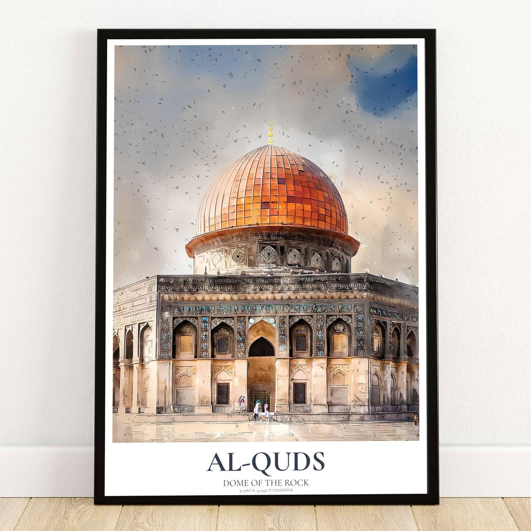 Expressive watercolor art print depicting Al Aqsa Dome of the Rock in Jerusalem Palestine with golden dome sheen and flocking birds. Offered by MapYourDreams, this artwork is available in flexible options including unframed paper, custom wooden frames, and gallery canvas wraps for room decor.