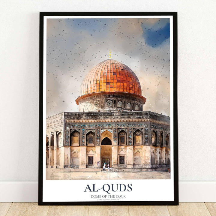Expressive watercolor art print depicting Al Aqsa Dome of the Rock in Jerusalem Palestine with golden dome sheen and flocking birds. Offered by MapYourDreams, this artwork is available in flexible options including unframed paper, custom wooden frames, and gallery canvas wraps for room decor.