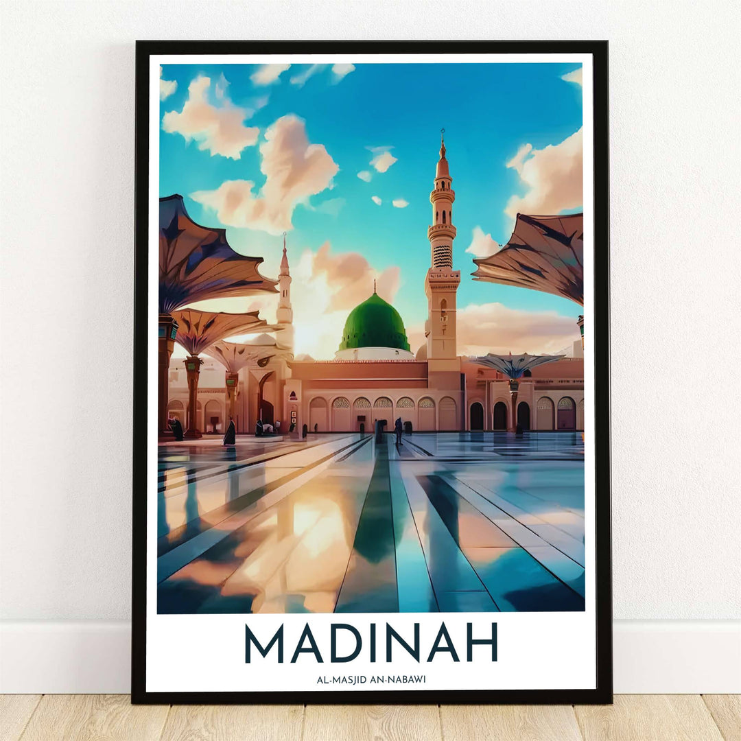 Sunset view travel poster of Al Masjid An Nabawi in Madinah Saudi Arabia showcasing the Green Dome and umbrella canopies. Offered by MapYourDreams, this artwork is available in flexible options including unframed paper, custom wooden frames, and gallery canvas wraps for room decor.