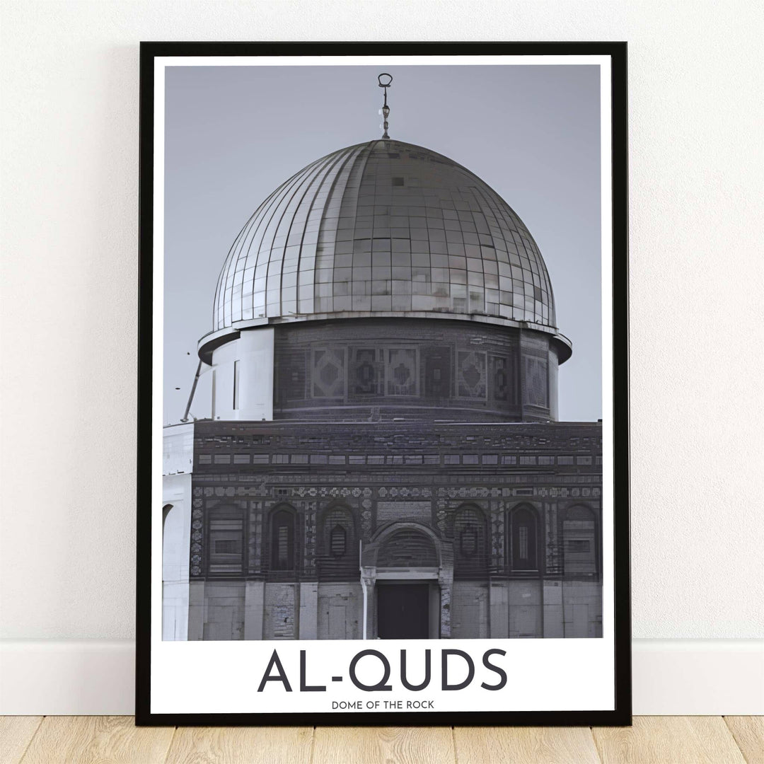 Black and white architectural print of Al Quds Dome of the Rock in Jerusalem Palestine showcasing metallic dome reflections. Offered by MapYourDreams, this artwork is available in flexible options including unframed paper, custom wooden frames, and gallery canvas wraps for modern wall art decor.