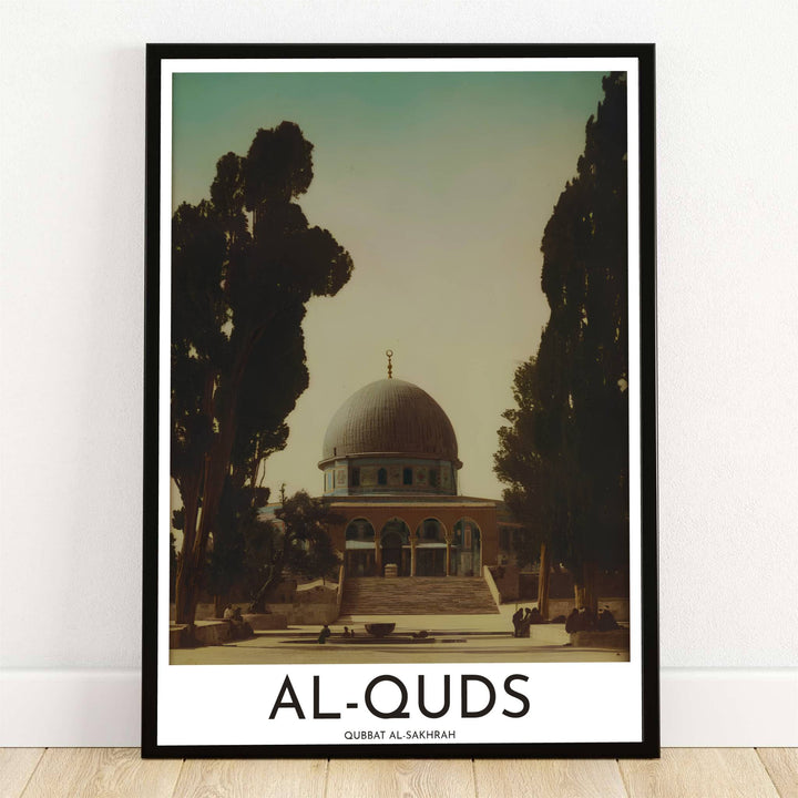 Vintage photo art print of Al Quds Dome of the Rock in Jerusalem Palestine framed by tall cypress trees and plaza steps. Offered by MapYourDreams, this artwork is available in flexible options including unframed paper, custom wooden frames, and gallery canvas wraps for room decor.