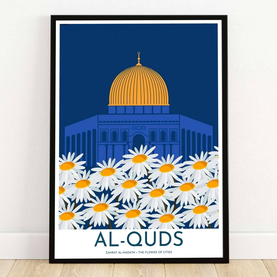 Modern vector art print of Al Quds Dome of the Rock rising above white and yellow daisies under a cobalt blue sky. Offered by MapYourDreams, this artwork is available in flexible options including unframed paper, custom wooden frames, and gallery canvas wraps for room decor.