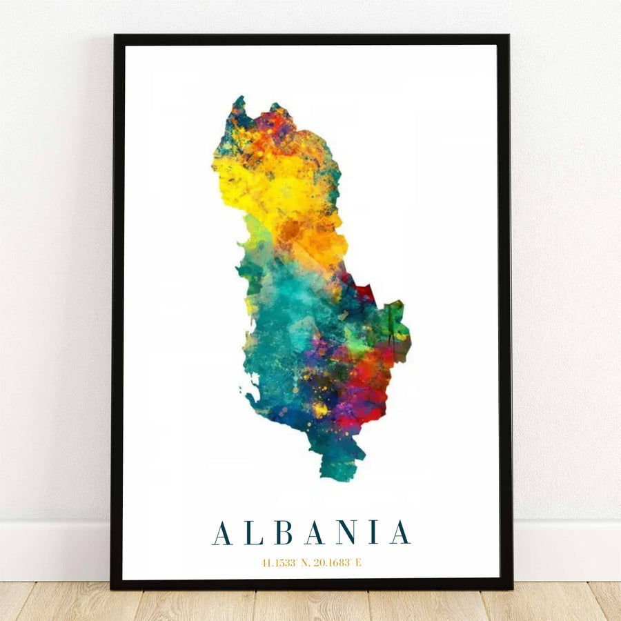 Highlighting the colorful silhouette of Albania in a vibrant rainbow watercolor palette, this country map poster displays exact coordinates 41.1533° N, 20.1683° E. Offered by MapYourDreams, this artwork is available in flexible options including unframed paper, custom wooden frames, and gallery canvas wraps.