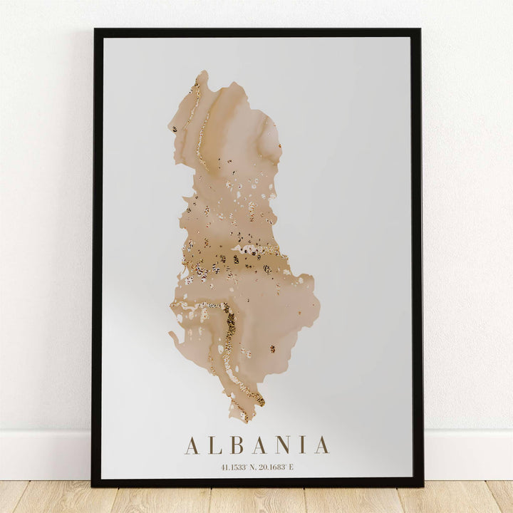 Highlighting the geographical silhouette of Albania in fluid beige alcohol ink and metallic gold veins, this country map poster displays coordinates 41.1533° N, 20.1683° E. Offered by MapYourDreams, this artwork is available in flexible options including unframed paper, custom wooden frames, and gallery canvas wraps.