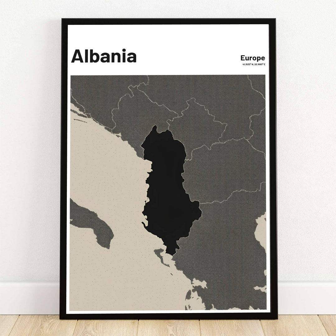 Highlighting the solid black charcoal silhouette of Albania within a cross-hatched regional Balkan map, this wall art poster displays coordinates 41.1533° N, 20.1683° E. Offered by MapYourDreams, this artwork is available in flexible options including unframed paper, custom wooden frames, and gallery canvas wraps.
