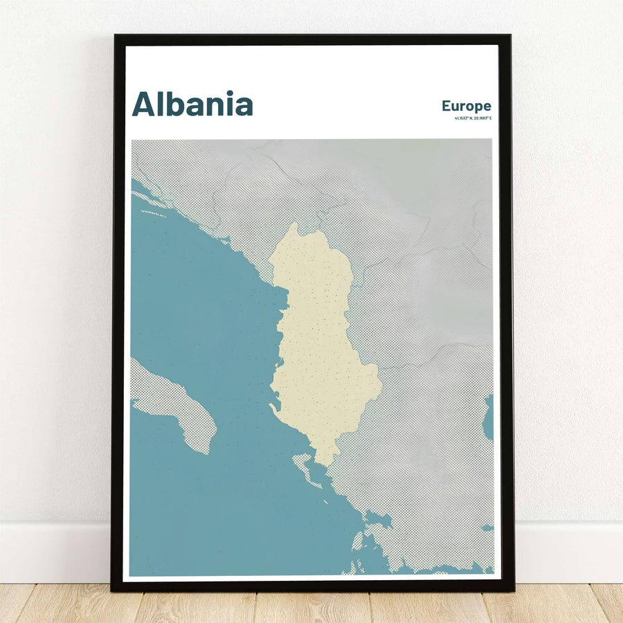 Highlighting the pale cream silhouette of Albania on a vintage teal blue ocean and cross-hatched regional Balkan map, this wall art poster displays coordinates 41.1533° N, 20.1683° E. Offered by MapYourDreams, this artwork is available in flexible options including unframed paper, custom wooden frames, and gallery canvas wraps.