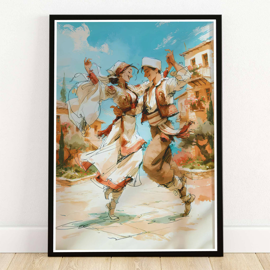 Depicting a dancing couple in traditional Albanian folk costume performing the Valle in a Mediterranean village square, this poster brings cultural joy. Offered by MapYourDreams, this artwork is available in flexible options including unframed paper, custom wooden frames, and gallery canvas wraps.