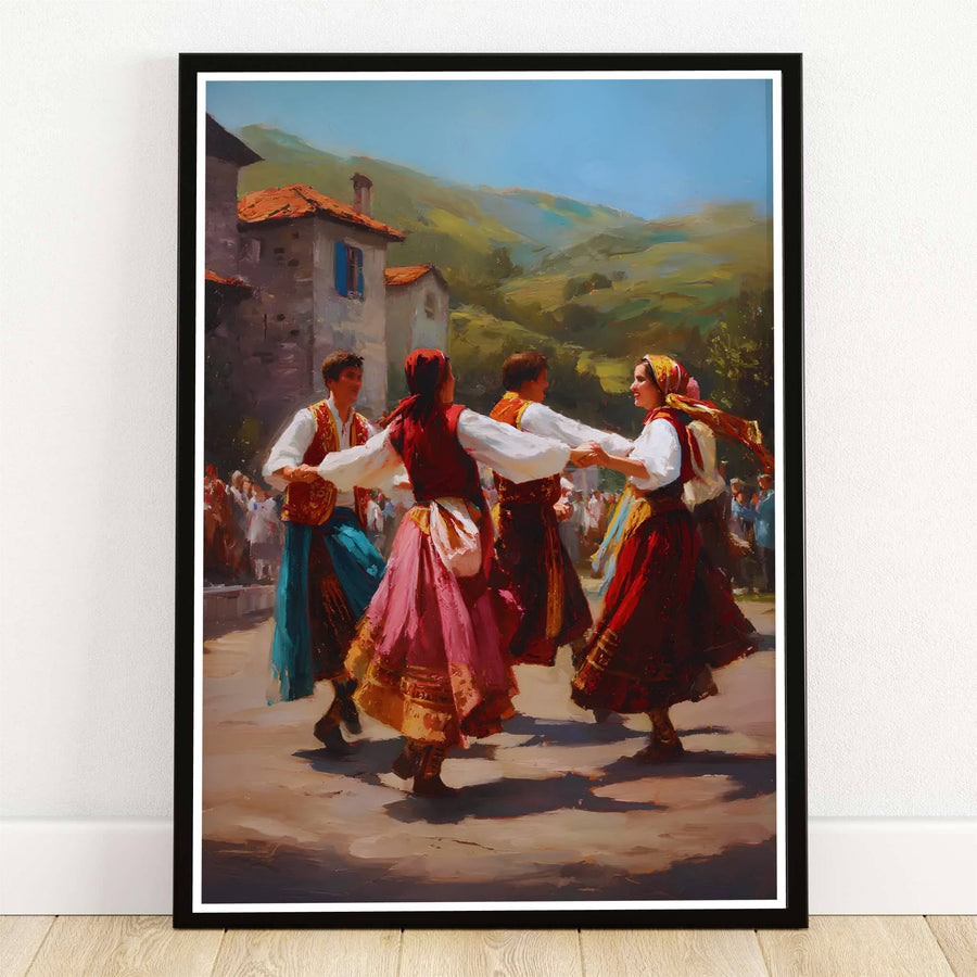 Depicting a group performing the traditional Albanian Valle dance in a sunny stone village square beneath green hills, this oil painting art print celebrates Balkan culture. Offered by MapYourDreams, this artwork is available in flexible options including unframed paper, custom wooden frames, and gallery canvas wraps.