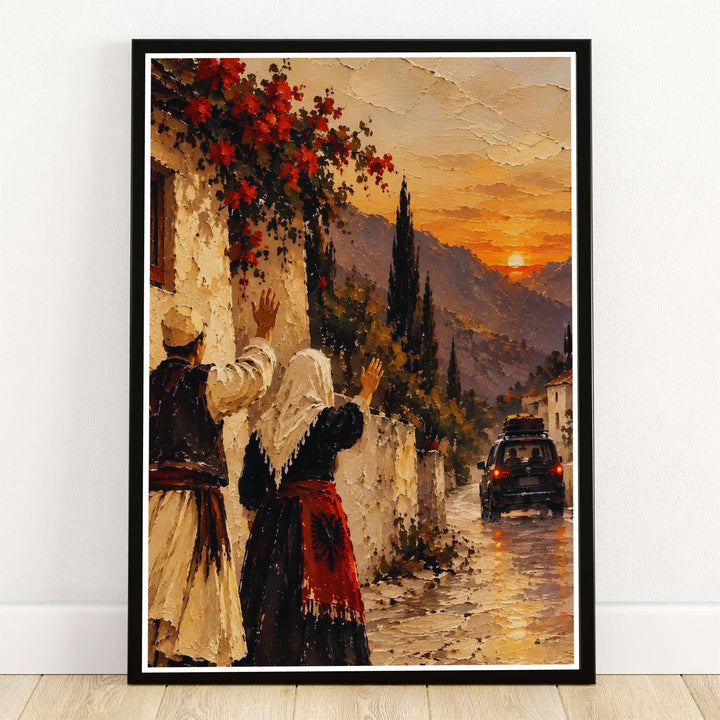 Depicting an elderly couple in traditional Albanian folk costume waving farewell to a car driving down a mountain village road at sunset, this oil painting print celebrates heritage. Offered by MapYourDreams, this artwork is available in flexible options including unframed paper, custom wooden frames, and gallery canvas wraps.