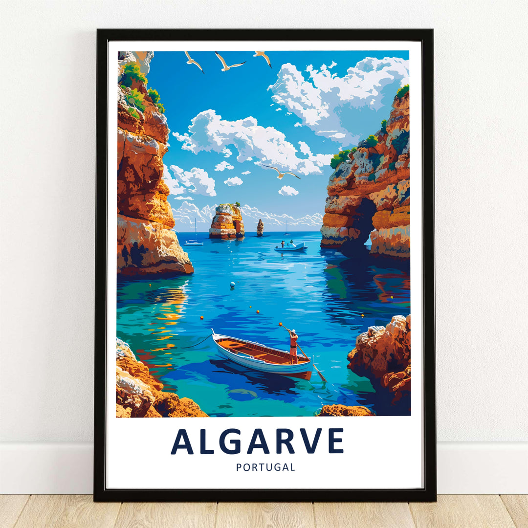 A wooden rowing boat floats on crystal turquoise waters framed by golden limestone sea cliffs in this Algarve poster illustrating Southern Portugal. Available as a gallery canvas print, sleek black framed display, or unframed poster.