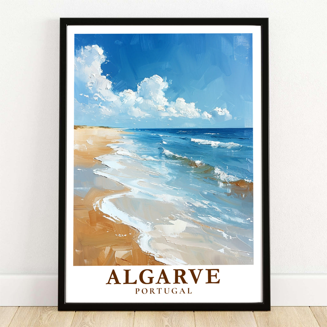 Impasto oil painting texture highlights golden sand and blue ocean waves at Algarve Beach, Portugal in this travel poster. MapYourDreams supplies this coastal artwork in framed, unframed, and canvas print options.