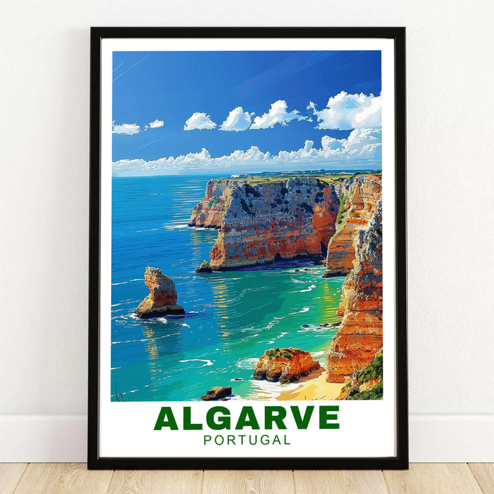 Towering golden limestone cliffs and turquoise ocean waters at Algarve Cliffs, Portugal highlight this vintage travel poster. MapYourDreams supplies this coastal artwork in framed, unframed, and canvas print options.
