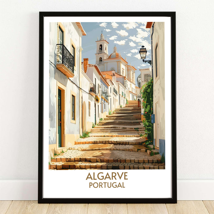 Cobblestone stepped alleyways lead toward the historic Faro Cathedral tower in this Faro Old Town, Portugal travel poster. MapYourDreams supplies this architecture artwork in framed, unframed, and canvas print options.
