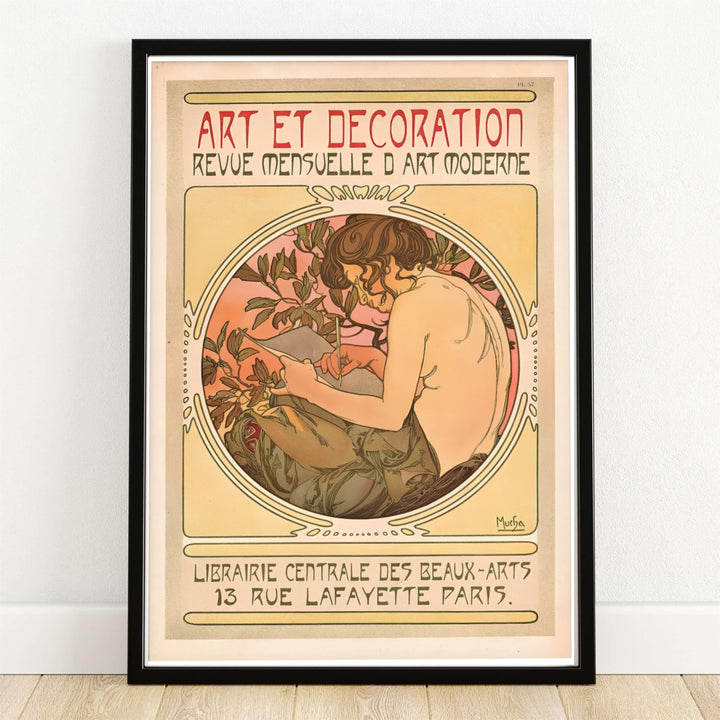 Vintage Parisian magazine cover poster Art Et Decoration by artist Alphonse Mucha displaying ochre yellow and warm peach hues at 13 Rue Lafayette Paris. Shop high-definition framed, unframed, and canvas art print choices at MapYourDreams.