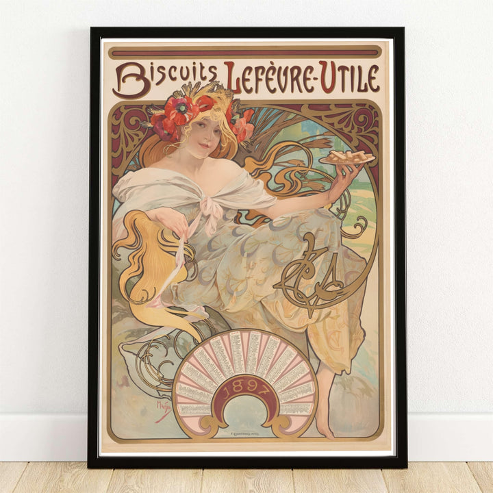Authentic French Art Nouveau print Biscuits Lefevre Utile artwork by artist Alphonse Mucha referencing historic food heritage in Nantes France. Order custom framed, unframed paper, or textured canvas print options from MapYourDreams.