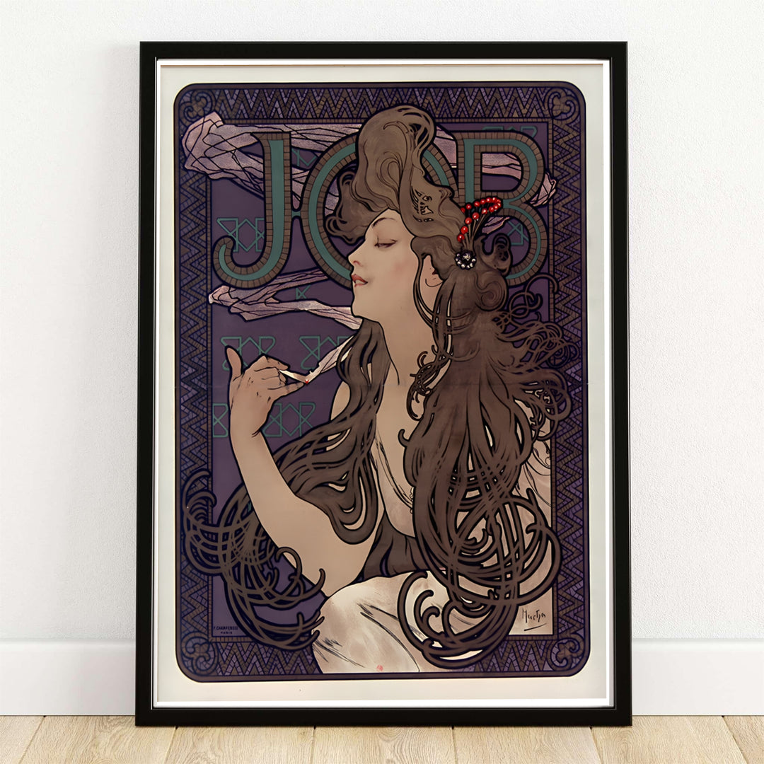 Traditional French illustration print JOB Cigarette Papers by artist Alphonse Mucha displaying detailed geometric tile patterns set in Paris France. MapYourDreams provides premium framed, unframed, and canvas prints.
