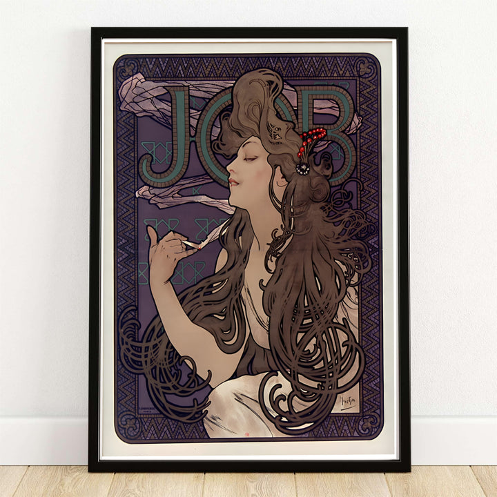 Traditional French illustration print JOB Cigarette Papers by artist Alphonse Mucha displaying detailed geometric tile patterns set in Paris France. MapYourDreams provides premium framed, unframed, and canvas prints.