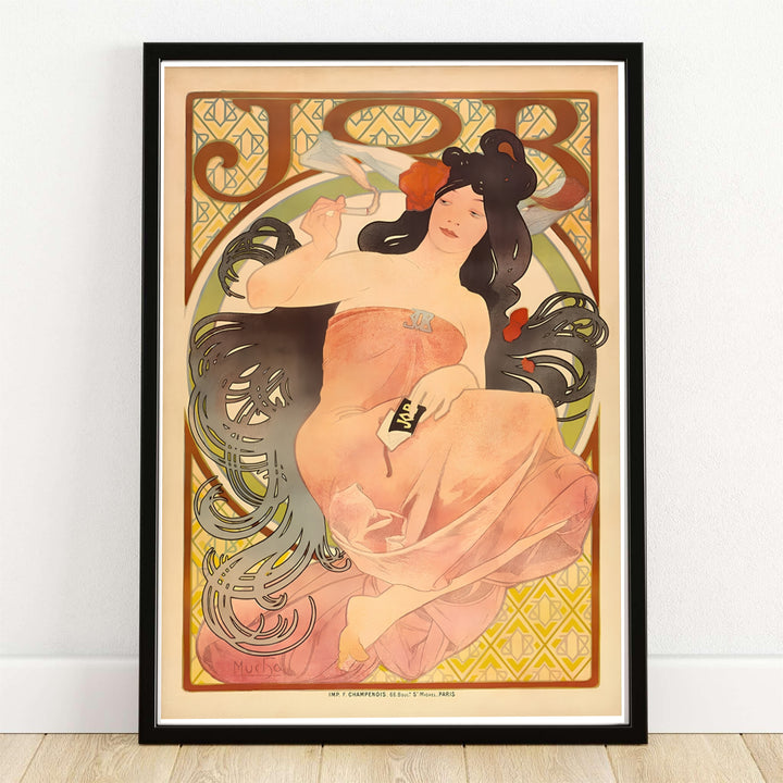Authentic French Art Nouveau print JOB Cigarette Papers artwork by artist Alphonse Mucha referencing historic poster design at Boulevard Saint-Michel Paris. Order custom framed, unframed paper, or textured canvas print options from MapYourDreams.