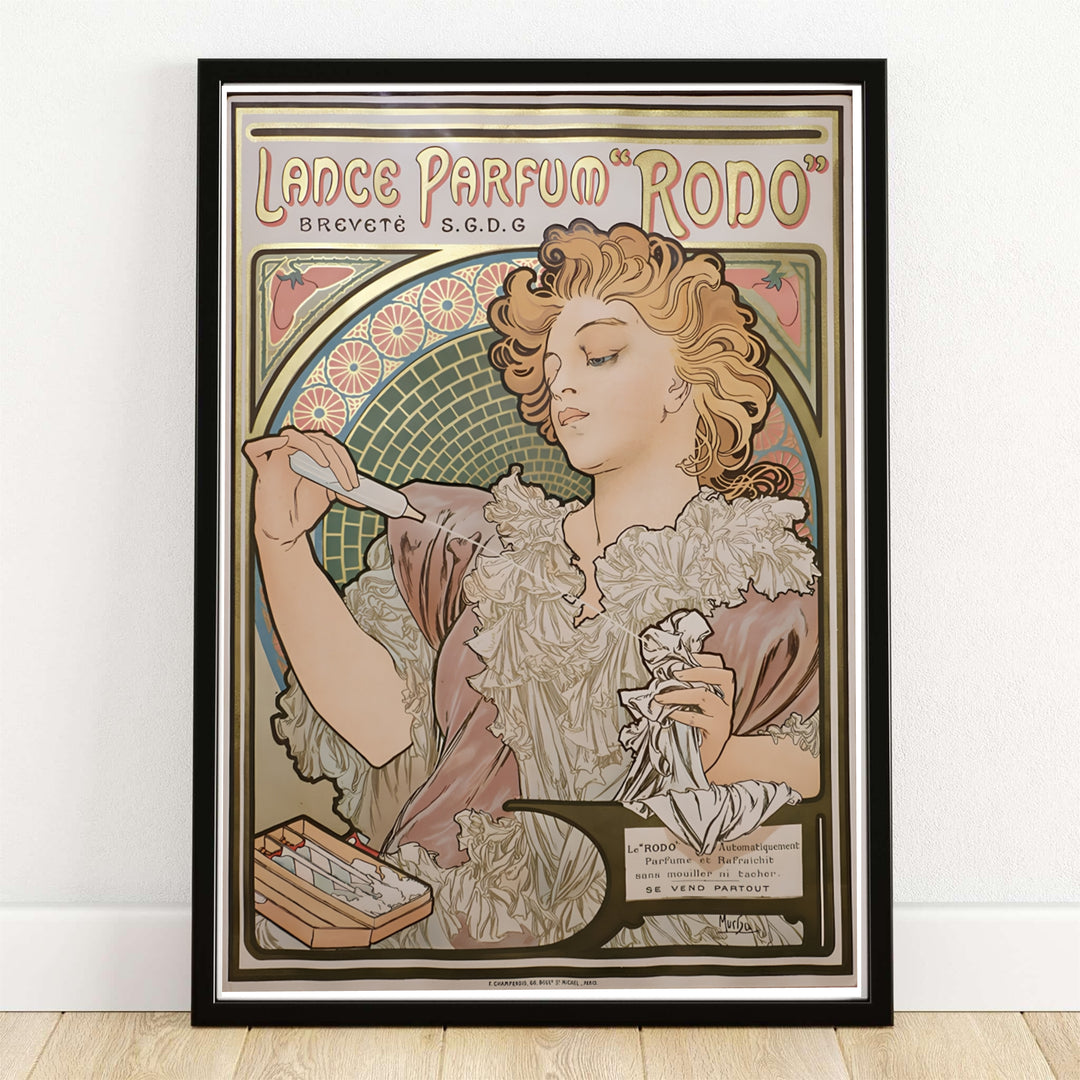 Authentic French Art Nouveau print Lance Parfum Rodo artwork by artist Alphonse Mucha referencing historic poster design in Paris France. Order custom framed, unframed paper, or textured canvas print options from MapYourDreams.