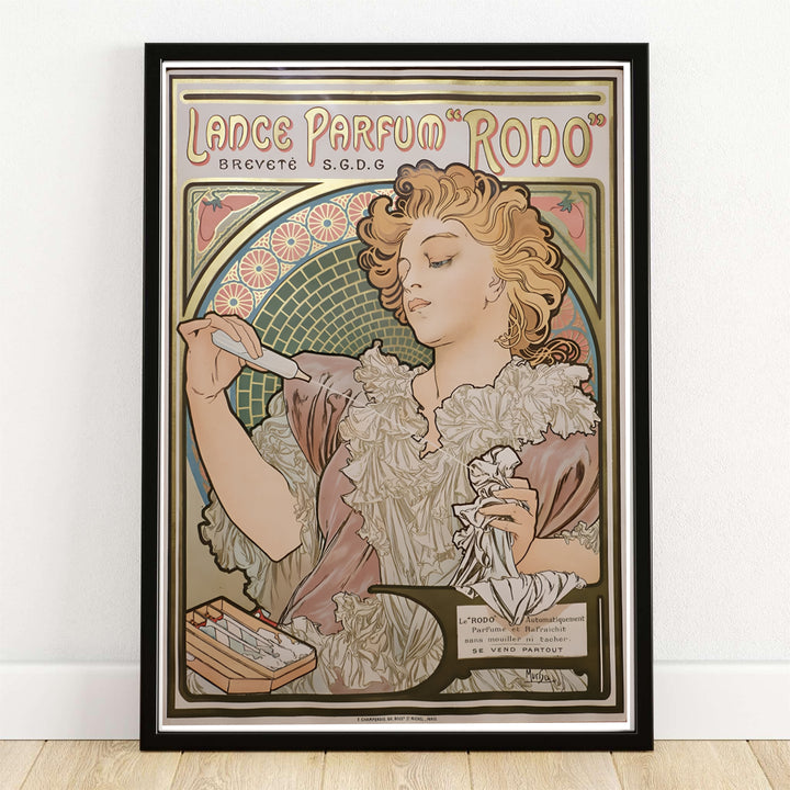 Authentic French Art Nouveau print Lance Parfum Rodo artwork by artist Alphonse Mucha referencing historic poster design in Paris France. Order custom framed, unframed paper, or textured canvas print options from MapYourDreams.