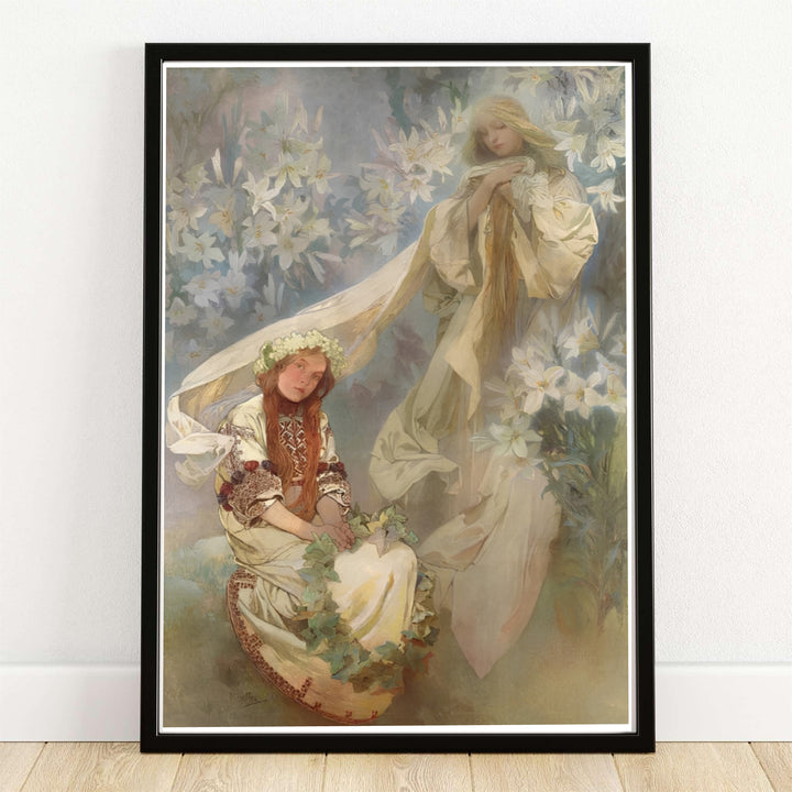 Sacred historic travel print Madonna Of The Lilies with ethereal white veil by artist Alphonse Mucha inspired by artistic Prague Bohemia. MapYourDreams offers versatile framed, unframed, and canvas print wall decor formats.