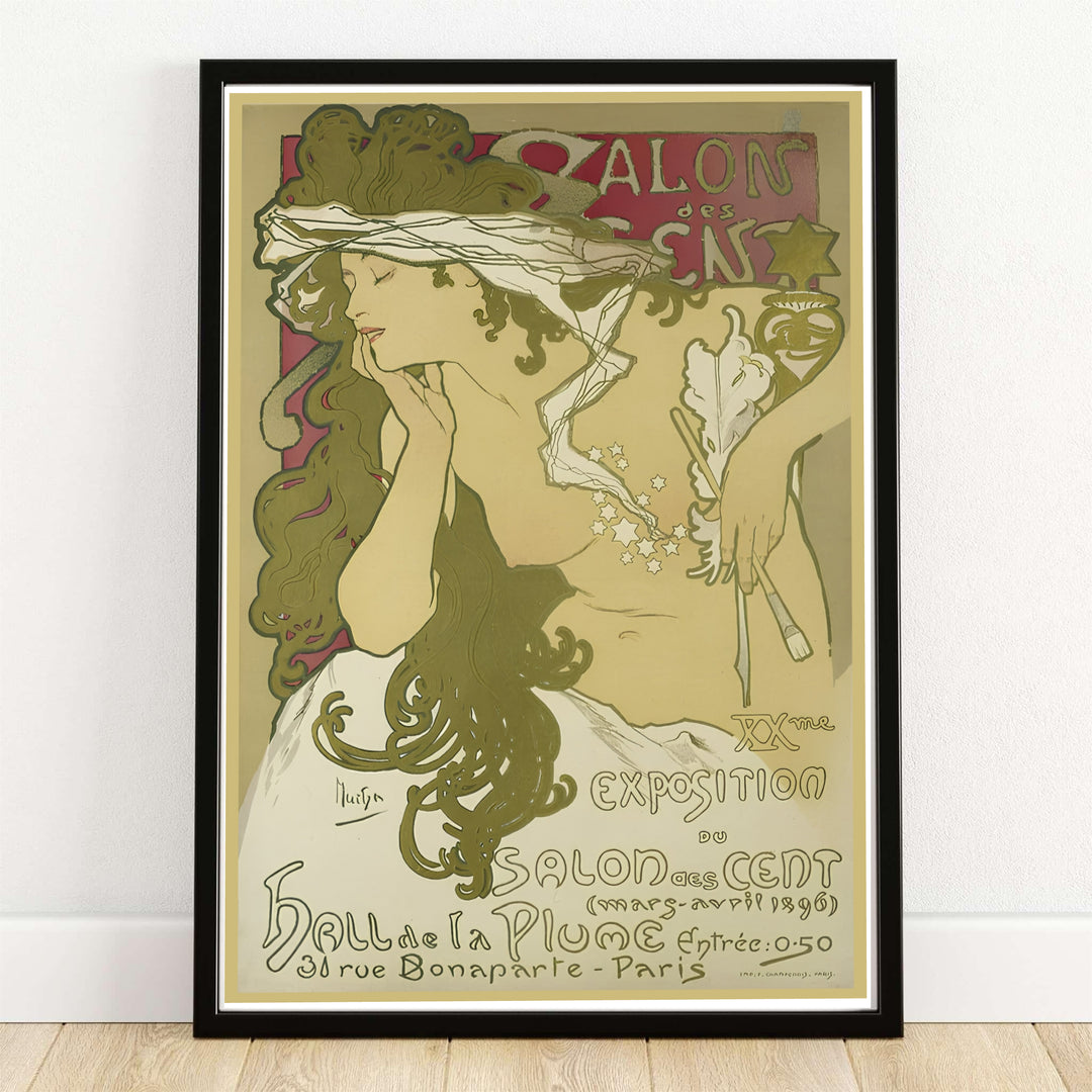 Vintage European graphic print Salon Des Cent with whiplash hair details by artist Alphonse Mucha set at 31 Rue Bonaparte Paris. MapYourDreams offers versatile framed, unframed, and canvas print wall decor formats.