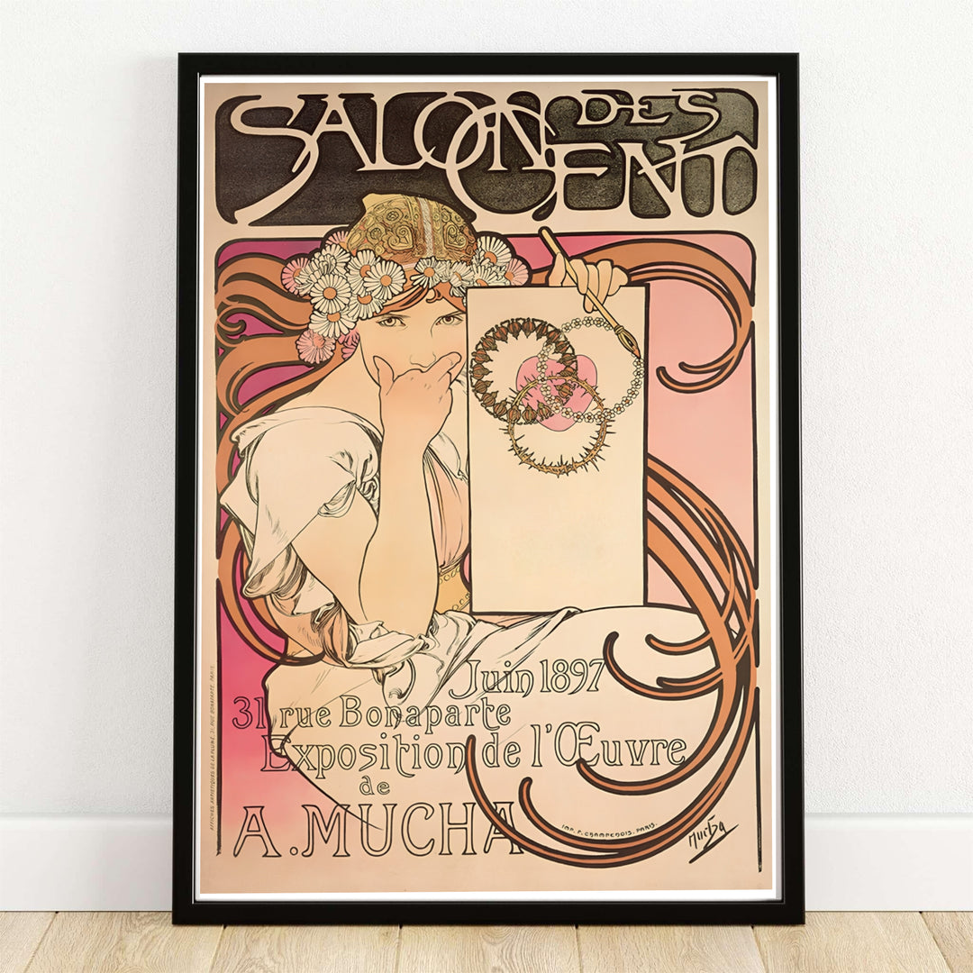 Vintage European graphic print Salon Des Cent with whiplash hair curves by artist Alphonse Mucha set at 31 Rue Bonaparte Paris. MapYourDreams offers versatile framed, unframed, and canvas print wall decor formats.