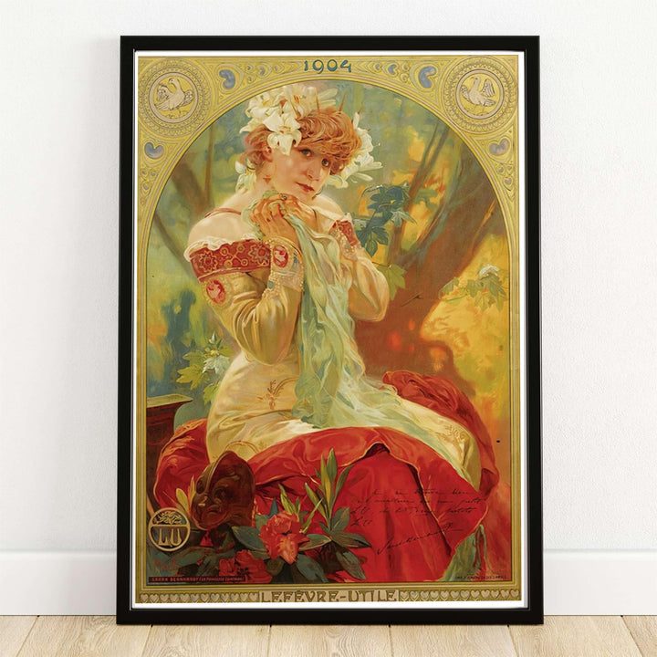 Vintage European advertisement poster of Sarah Bernhardt for Lefevre Utile in Paris France by Alphonse Mucha, featured as an unframed poster, gallery canvas, or black framed print format at MapYourDreams.