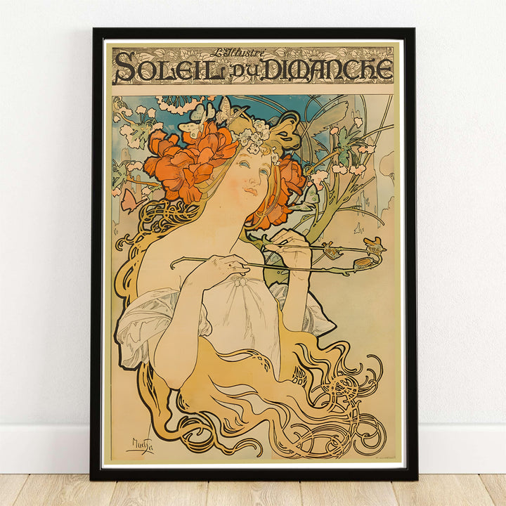 Authentic French Art Nouveau print Soleil Du Dimanche artwork by artist Alphonse Mucha referencing turn-of-the-century Paris culture. Order custom framed, unframed paper, or textured canvas print options from MapYourDreams.