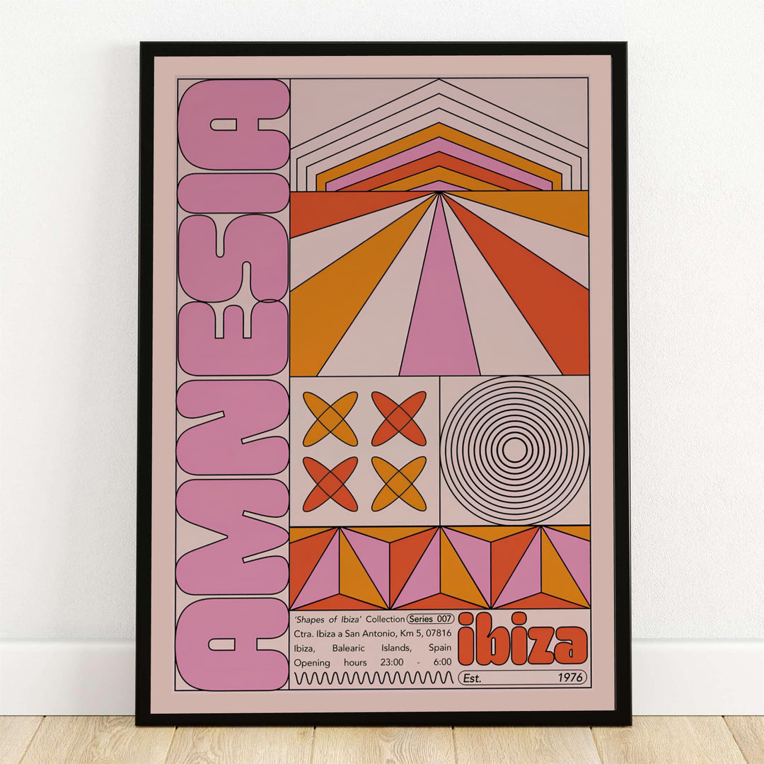 Amnesia Ibiza club poster showcasing a 1970s retro geometric art print with terracotta radiating lines, abstract soundwaves, and pink bubble lettering, offered by MapYourDreams as an unframed paper print, stretched gallery canvas wall decor, or custom framed options for living rooms.