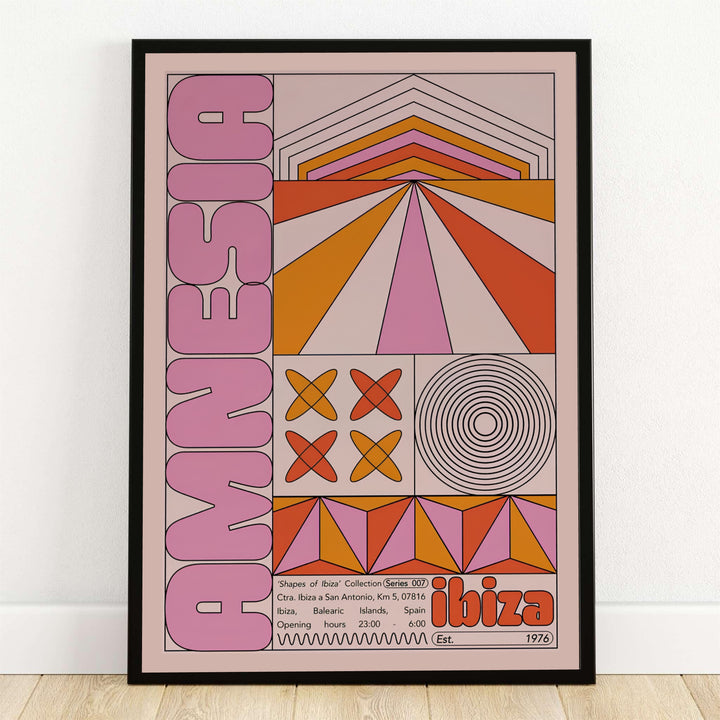 Amnesia Ibiza club poster showcasing a 1970s retro geometric art print with terracotta radiating lines, abstract soundwaves, and pink bubble lettering, offered by MapYourDreams as an unframed paper print, stretched gallery canvas wall decor, or custom framed options for living rooms.