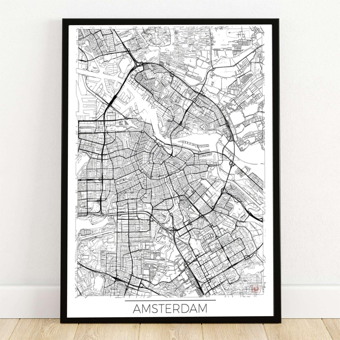 Amsterdam city map poster featuring a minimalist black and white street network print showcasing the historic Grachtengordel canal belt and urban roads, presented by MapYourDreams as an unframed fine art print, ready-to-hang gallery canvas, or custom framed wall decor for modern interior styling.
