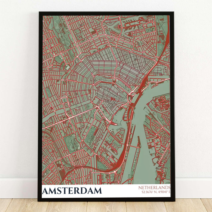Amsterdam city map poster featuring a modern sage green, teal, and terracotta red street grid print detailing the historic canal belt and urban avenues, presented by MapYourDreams as an unframed fine art print, ready-to-hang gallery canvas, or custom framed wall decor for contemporary styling.