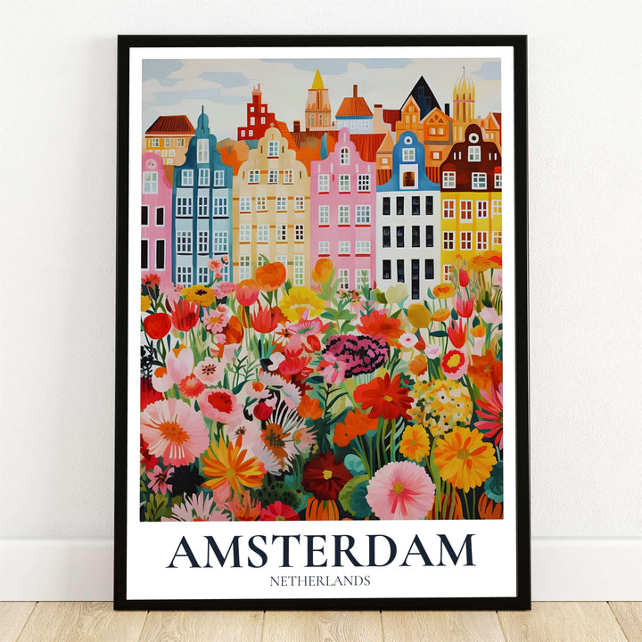 Amsterdam floral garden poster featuring pastel canal houses and a blooming wildflower meadow in vibrant pinks and yellows, presented by MapYourDreams as an unframed fine art print, ready-to-hang gallery canvas, or custom framed wall decor for charming living room styling.