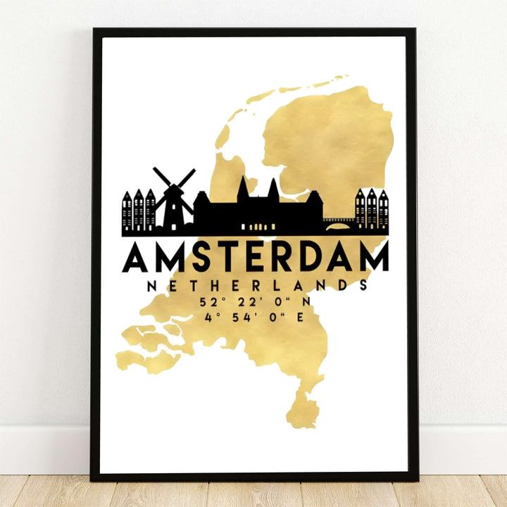 Amsterdam gold map poster featuring a metallic gold silhouette of the Netherlands map overlaid with a black graphic silhouette of canal houses, a windmill, and the Rijksmuseum, presented by MapYourDreams as an unframed fine art print, ready-to-hang gallery canvas, or custom framed wall decor.