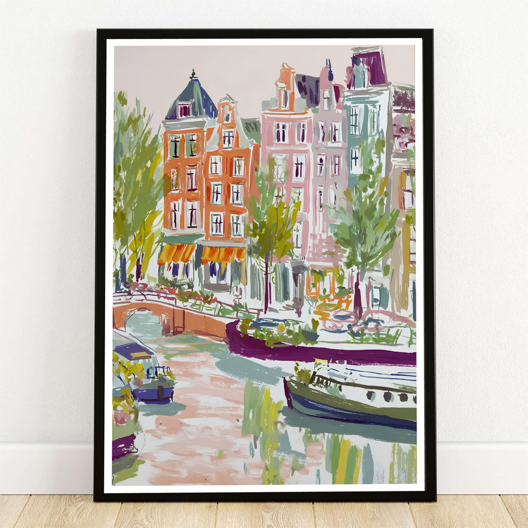 Amsterdam pastel canal poster featuring a soft gouache Dutch cityscape art print with canal houses, houseboats, and an arched brick bridge in blush pink, sage, and ochre, presented by MapYourDreams as an unframed fine art print, ready-to-hang gallery canvas, or custom framed wall decor.
