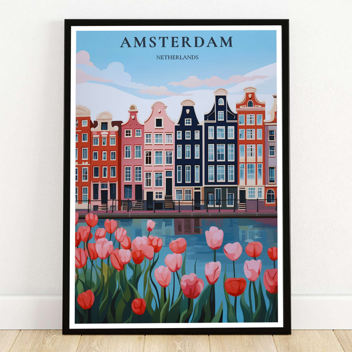 Amsterdam pink tulips poster showcasing a graphic vector art print of historic Dutch canal houses along the waterfront, offered by MapYourDreams as an unframed archival paper print, ready-to-hang gallery canvas, or custom framed wall decor to brighten modern living room spaces.
