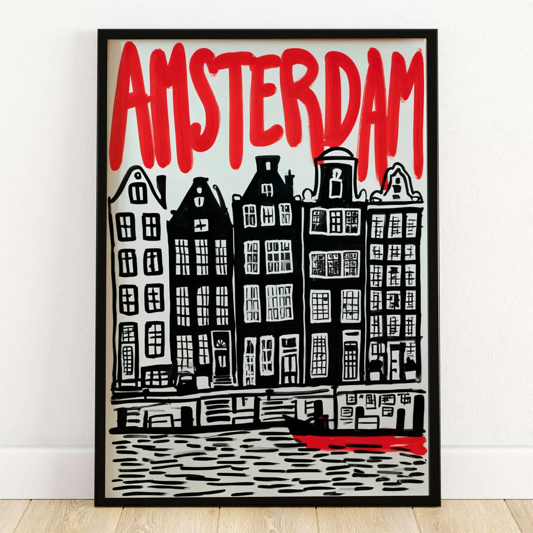 Amsterdam linocut canal poster featuring a bold red and black exhibition art print of historic Dutch canal houses along the waterfront, offered by MapYourDreams as an unframed paper print, ready-to-hang gallery canvas, or custom framed wall decor to elevate industrial loft interiors.