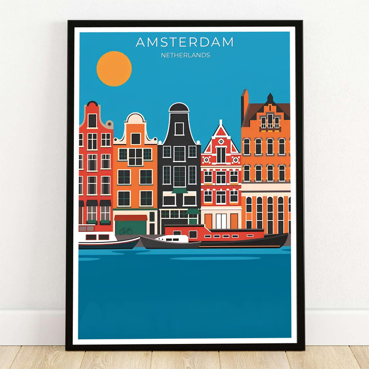 Amsterdam retro vector poster displaying a vibrant Dutch canal house art print with a glowing golden sun and teal water, presented by MapYourDreams as an unframed archival paper print, ready-to-hang gallery canvas, or custom framed wall decor to elevate mid-century living room interiors.