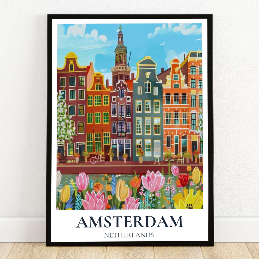 Amsterdam spring canal poster showing a painterly Dutch tulip garden art print with historic gabled canal houses and the landmark Zuiderkerk tower, available from MapYourDreams as an unframed matte paper print, gallery wrapped canvas, or custom framed wall decor to refresh living room walls.