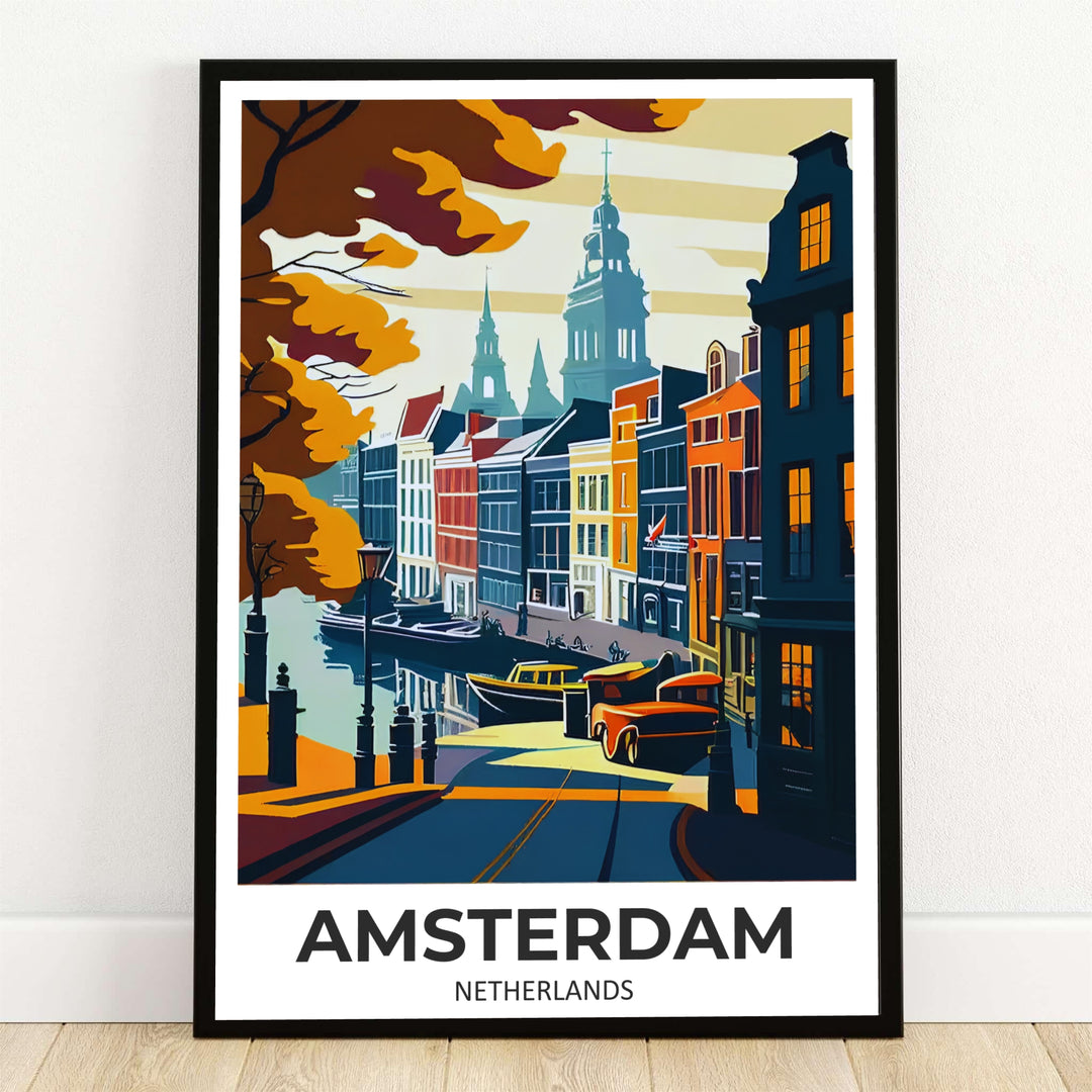 Amsterdam travel poster displaying a golden-hour Dutch canal scene with historic gabled houses and Church of Saint Nicholas spires, offered by MapYourDreams where customers can select unframed paper prints, stretched canvas wall decor, or custom framed options to enrich living room wall decor.