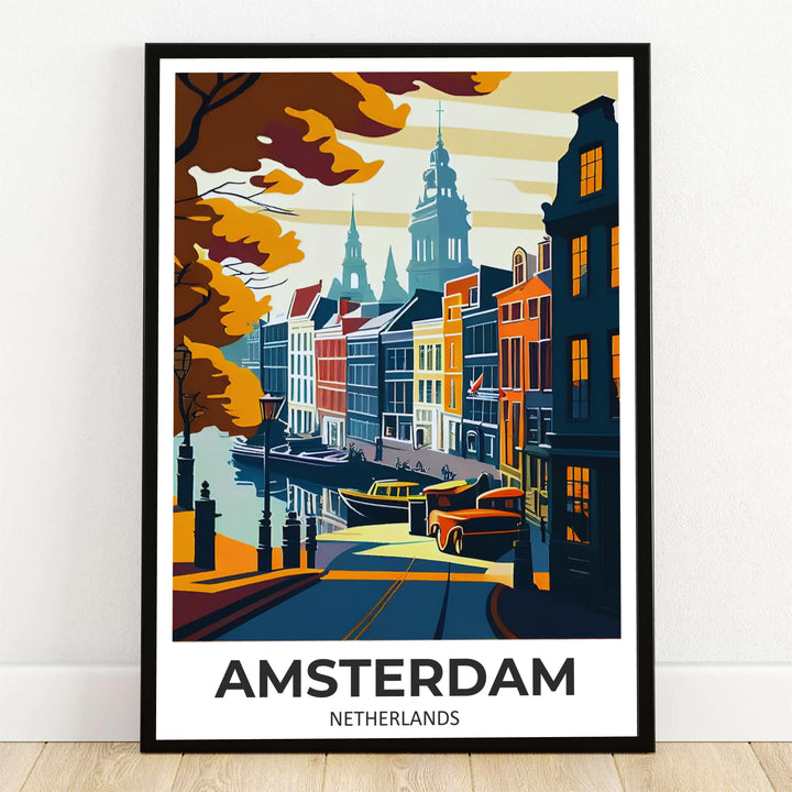 Amsterdam travel poster displaying a golden-hour Dutch canal scene with historic gabled houses and Church of Saint Nicholas spires, offered by MapYourDreams where customers can select unframed paper prints, stretched canvas wall decor, or custom framed options to enrich living room wall decor.