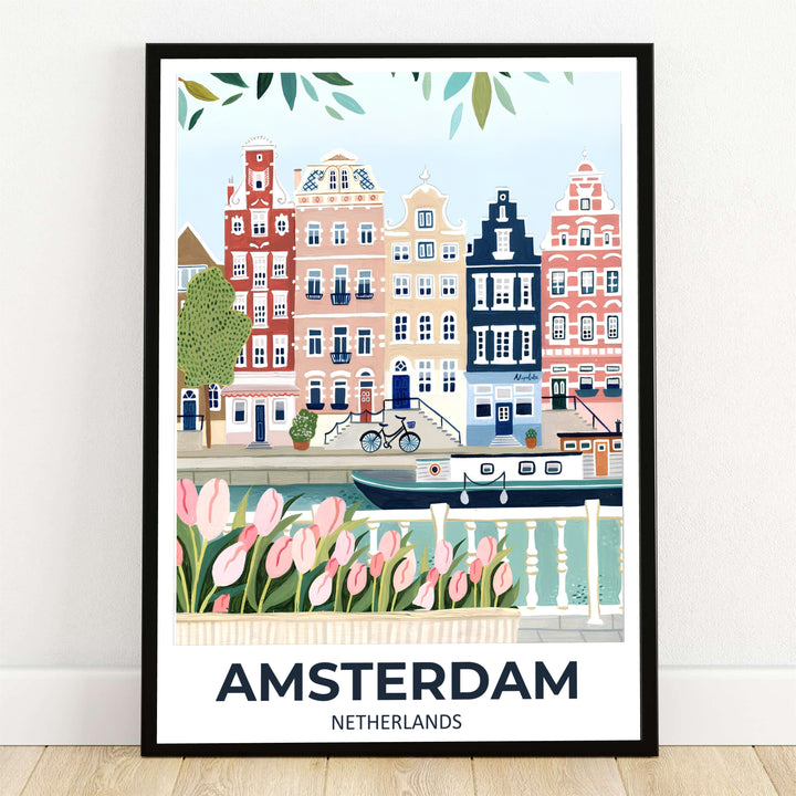 Amsterdam tulip canal poster featuring a soft pastel gouache art print with pink tulips framing historic gabled canal houses and a blue bicycle, offered by MapYourDreams with product options including unframed paper prints, stretched canvas wall decor, or custom framed options to complement bedroom decor.